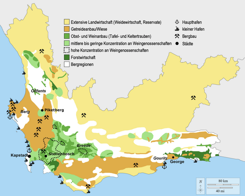 Karte Südafrikas mit Landwirtschaft, Weinbau, Bergbau, Häfen und Städten.